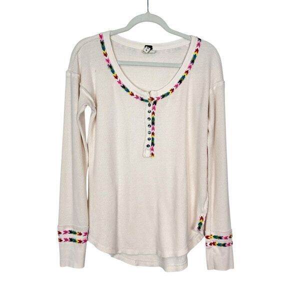We The Free People Top Medium White Scoop Thermal Henley Rainbow Embroidered - Picture 1 of 16